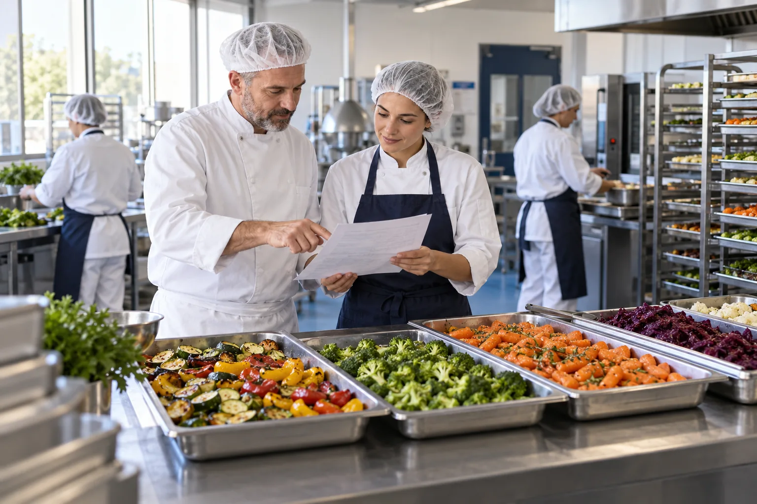 Deux professionnels organisent la production dans une cuisine