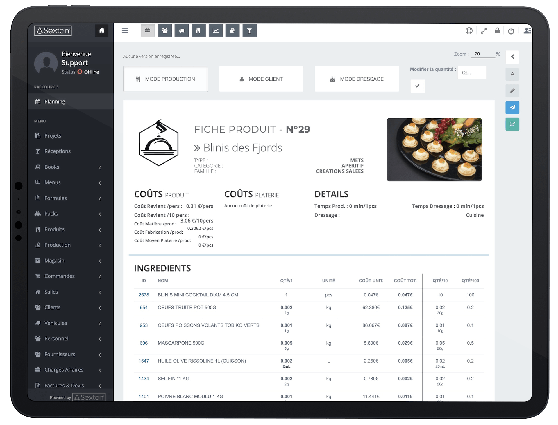 Module Production - Gestion des fiches techniques et recettes
