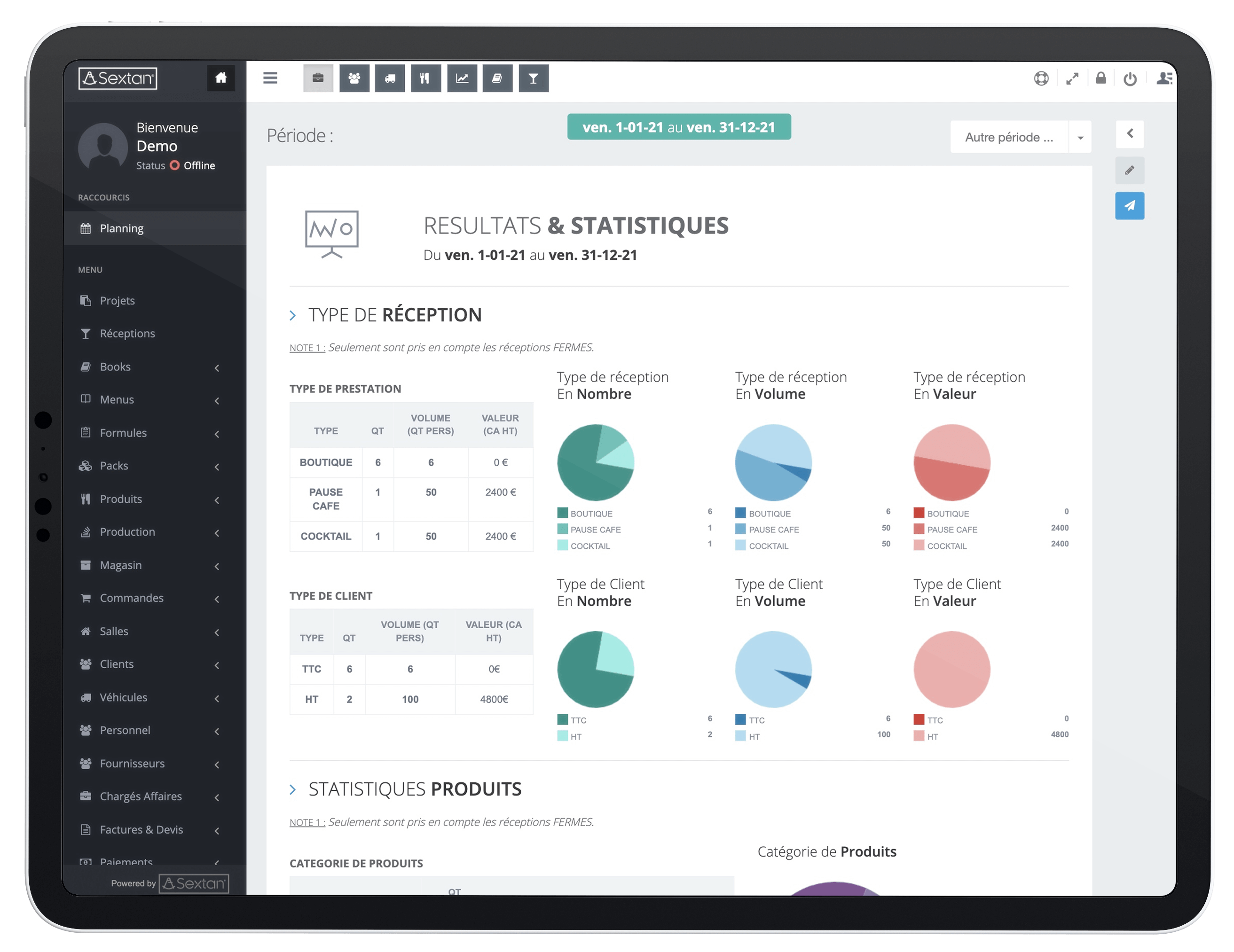 Module reporting et statistiques SEXTAN FOR CATERING